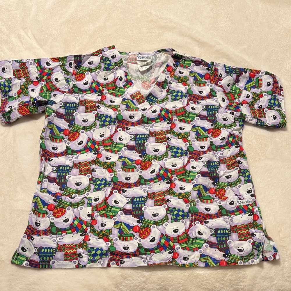 Colorful Christmas Bear Print Scrub Top